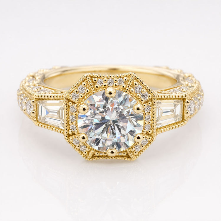 Round Baguette Moissanite Antique Vintage Ring 1.6 TCW