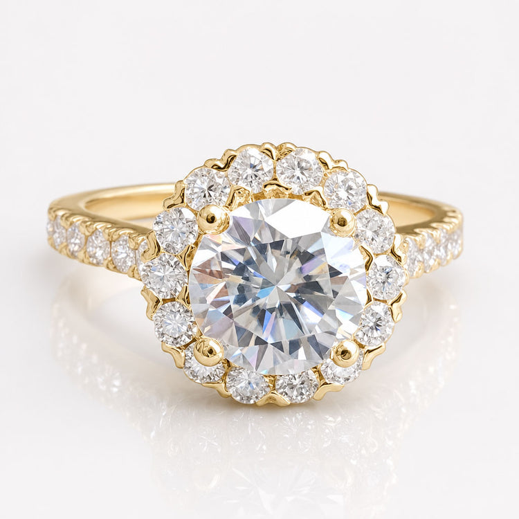 Round Moissanite Cathedral Pave Halo Moissanite Engagement Ring