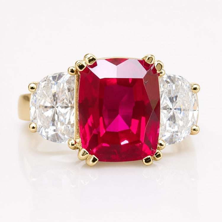 Cushion Cut Red Garnet with side Half-Moon Moissanite Three Stone Ring