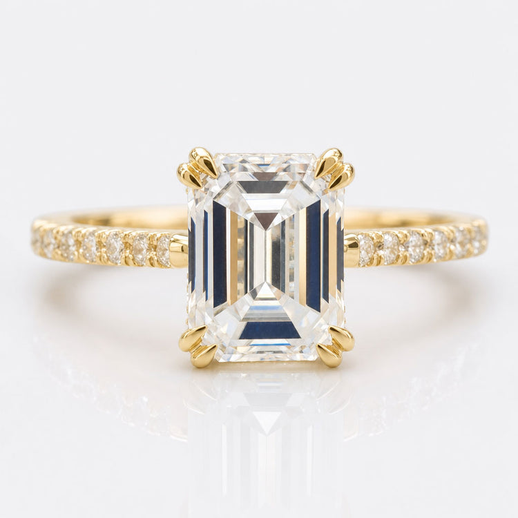 Emerald Cut Moissanite Hidden Halo Double Claw Prong Ring 2.8 CT