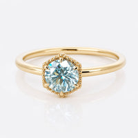 Round Brilliant Green Moissanite Hexagonal Milgrain Bezel Ring