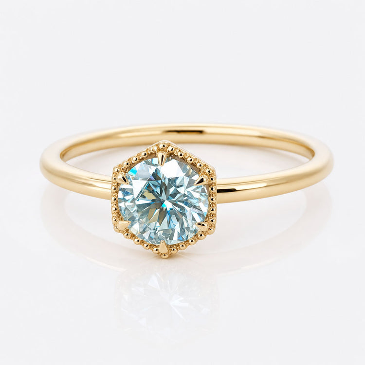 Round Brilliant Green Moissanite Hexagonal Milgrain Bezel Ring