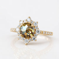 Sun Flower Halo Engagement Ring with Champagne Round Rose Cut Moissanite