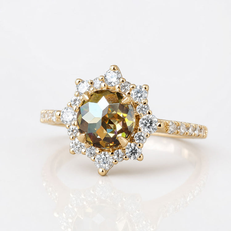 Sun Flower Halo Engagement Ring with Champagne Round Rose Cut Moissanite