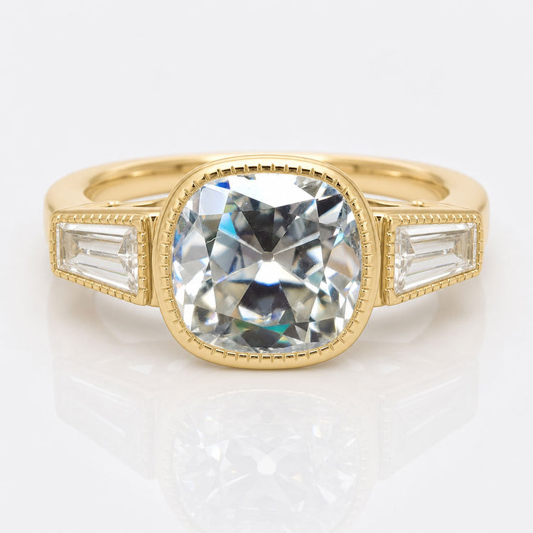 Vintage 3.55 TW Cushion Tapered Baguette Three Stone Engagement Ring
