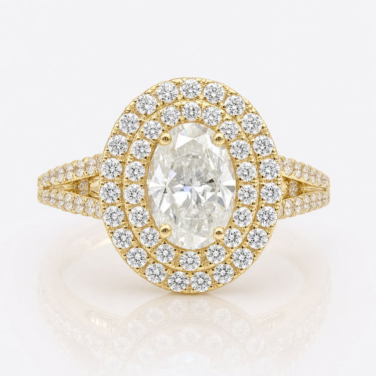 5.60 TW Oval Cut Moissanite Split Shank Double Halo Pave Moissanite Ring