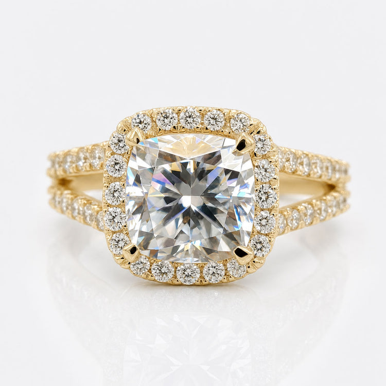 Cushion Cut Colourless Moissanite Split Shank Halo Ring 2.9 TCW