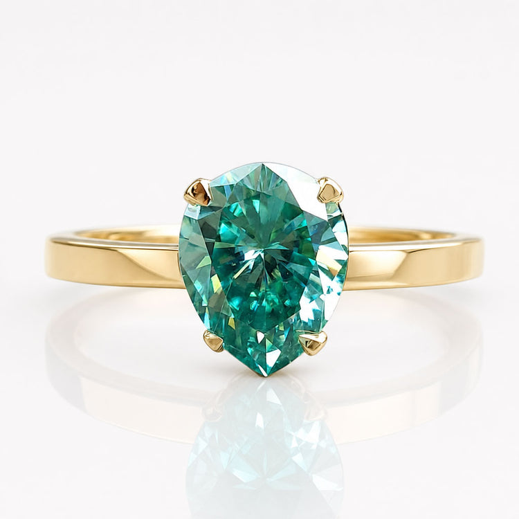 Pear Cut Dark Green Moissanite Solitaire Ring 1.6 CT