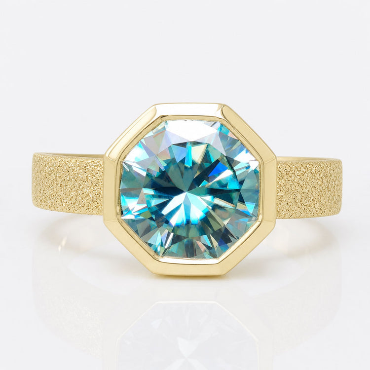 Octagon Cyan Blue Moissanite Sandblast Bezel Ring 3.4 CT