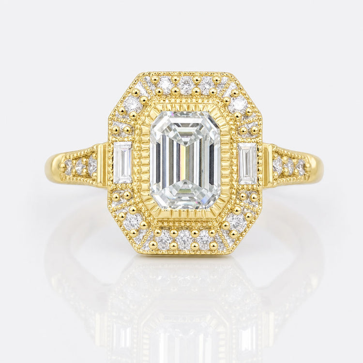 Unique 1.53 TCW Emerald Cut Antique Vintage Moissanite Engagement Ring