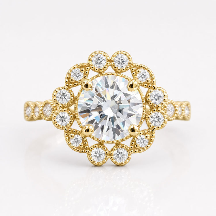 Round Brilliant Cut Moissanite Diamond Cathedral Halo Engagement Ring