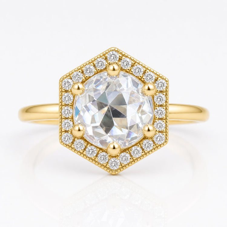 Vintage Style Hexagon Outline Round Rose Cut Halo Engagement Ring