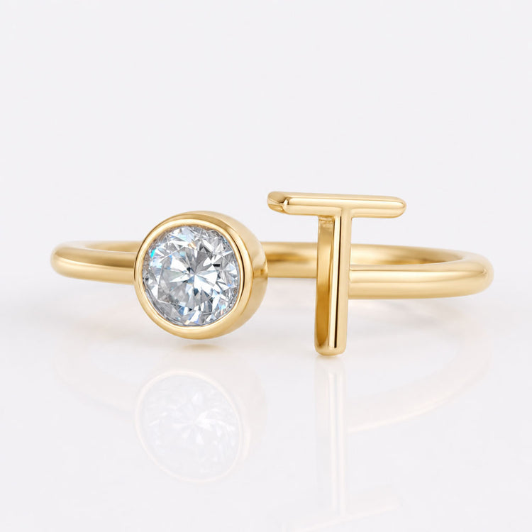 Round Moissanite Initial Letter Ring