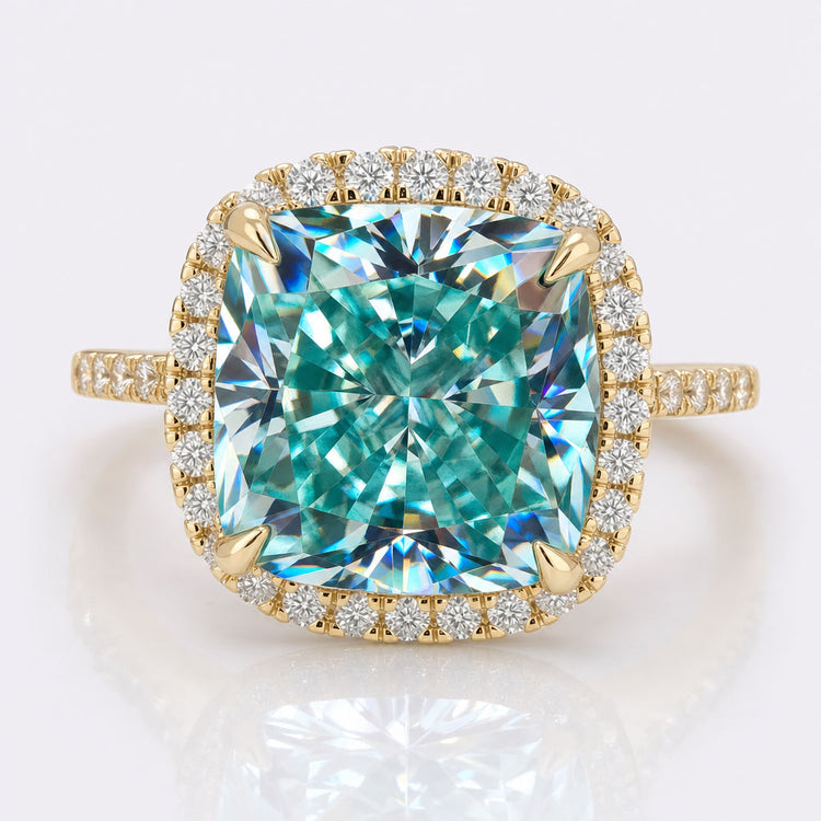 5.57 TCW Cushion Brilliant Cut Cyan Blue Moissanite Halo Pave Wedding Ring