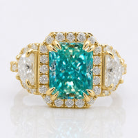 3.49 TCW Radiant Brilliant Cut Three Stone Halo Moissanite Ring