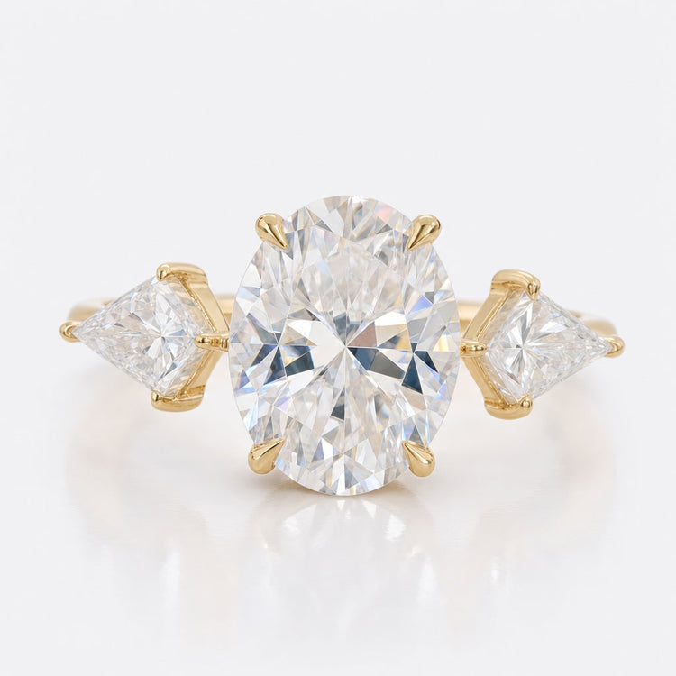 2.34 TCW Oval Kite Cut Moissanite Cathedral Set Three Stones Engagement Ring