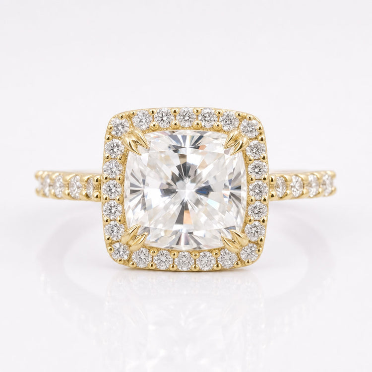 2.96 TCW Cushion Cut with Halo Pave Cathedral Set Moissanite Engagement Ring