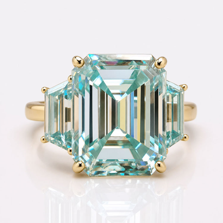 Unique 11.19 TW Emerald Cut and Trapezoid Cut Cyan Blue Three Stone Engagement Ring