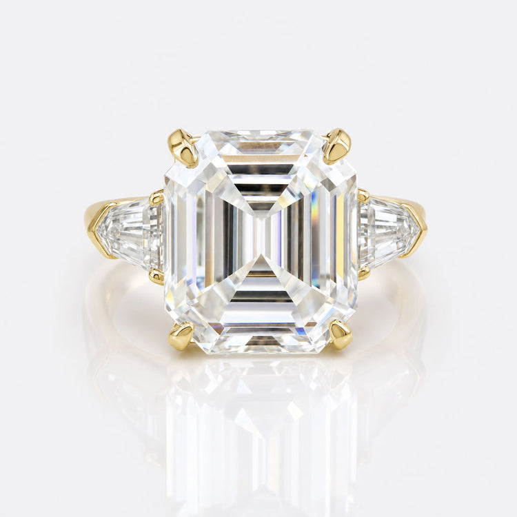 10.14 CT Emerald Krupp Cut with Side Bullet Cut Moissanite Three Stone Engagement Ring
