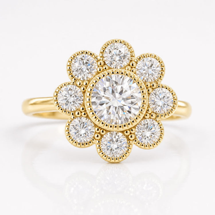 Flower Style, 1.52 TCW Round Cut Cluster Halo Moissanite Wedding Ring