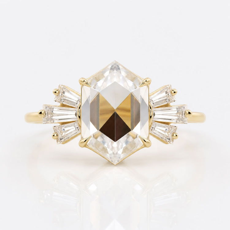 2.34 TCW Hexagon Rose Cut with Tapered Baguette Moissanite Engagement Ring