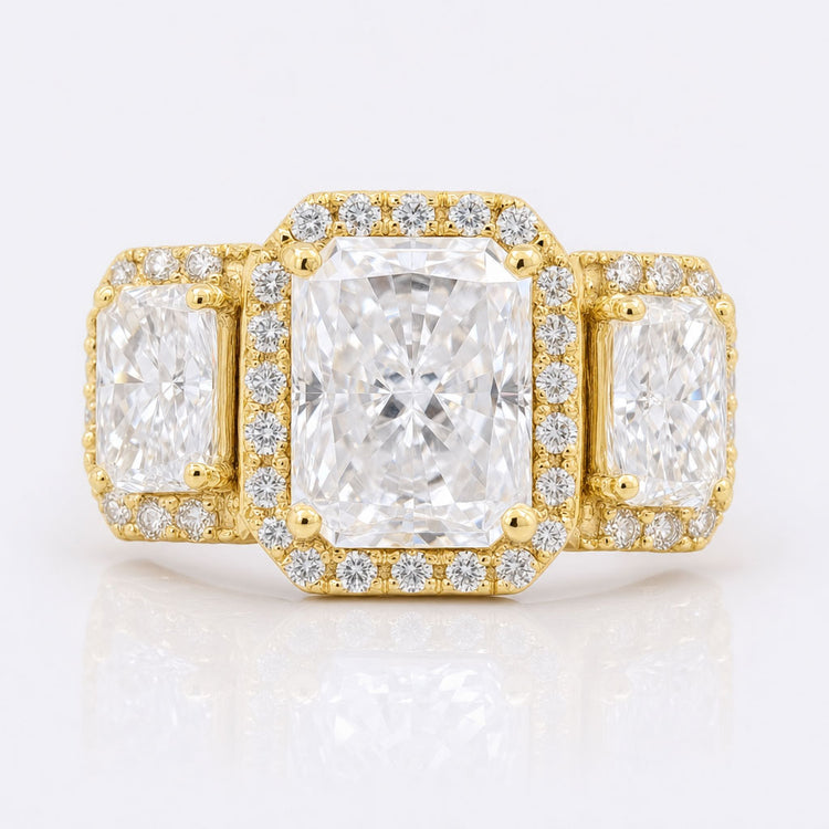4.01 TCW Radiant Cut Colorless Moissanite Three Stone Halo Engagement Ring