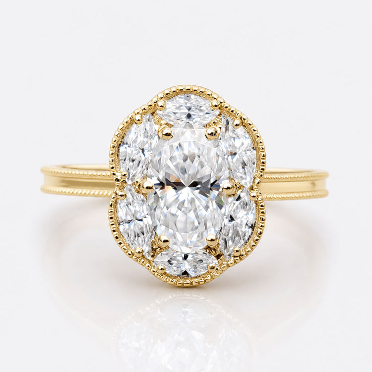 1.48 TCW Oval Cut Moissanite with Marquise Cluster Halo Engagement Ring