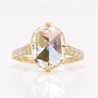 Delicate Compass Setting 3.28 TCW Cushion Rose Cut Tapered Pave Moissanite Ring