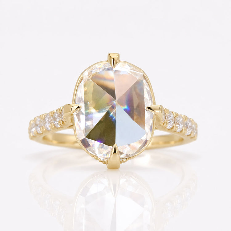 Delicate Compass Setting 3.28 TCW Cushion Rose Cut Tapered Pave Moissanite Ring
