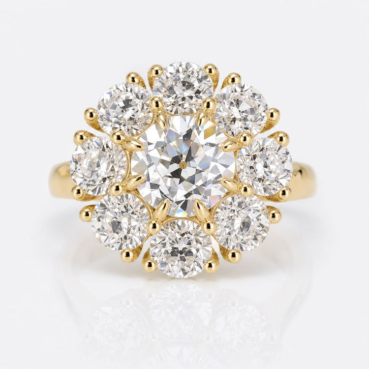3.41 TW Round Old European Cut Cathedral Set Cluster Halo Engagement Ring