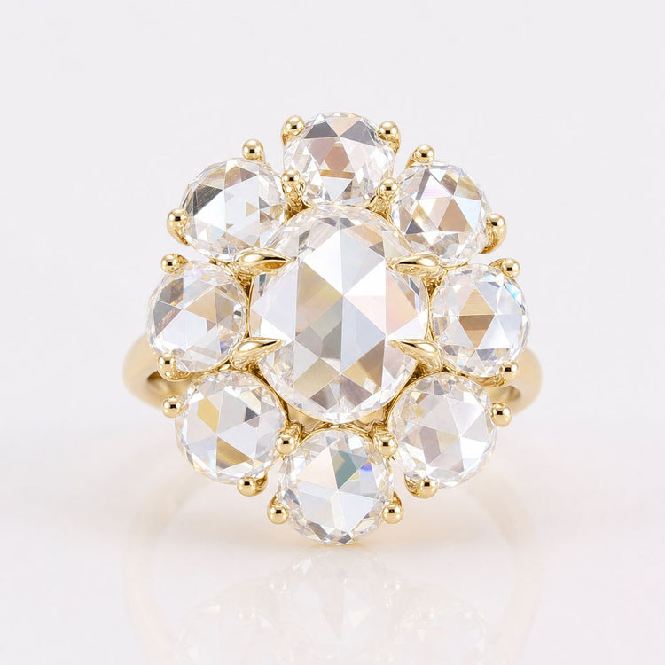 6.45 DEW Oval Rose Cut Cluster Halo With Round Rose Cut Vintage Engagement Ring