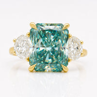 10.21 TCW Radiant Cut Aqua Green Moissanite Three Stones Engagement Ring