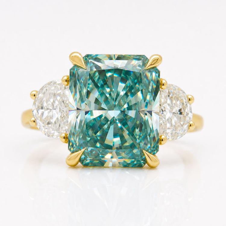 10.21 TCW Radiant Cut Aqua Green Moissanite Three Stones Engagement Ring