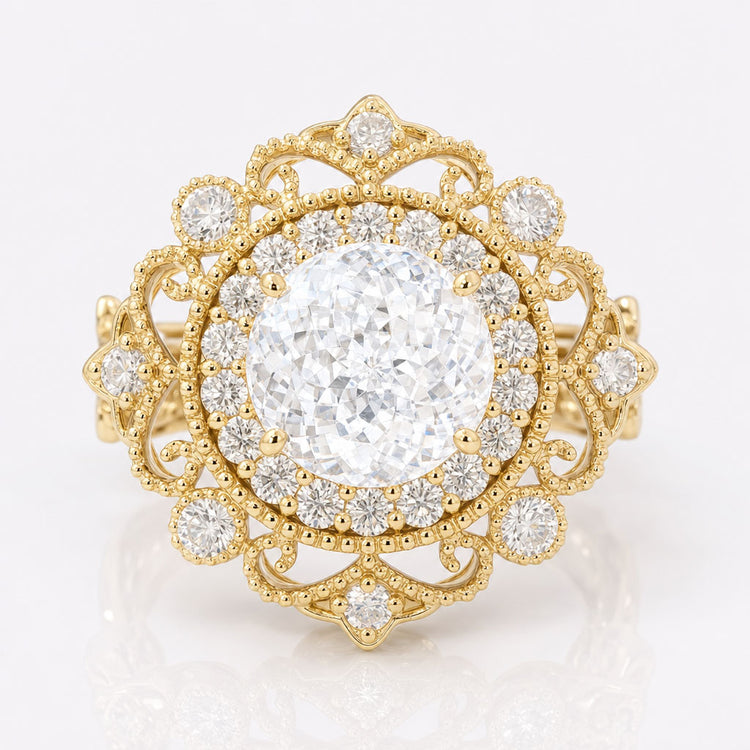 Antique Vintage 5.79 TCW Portuguese Cut Filigree Halo Moissanite Engagement Ring