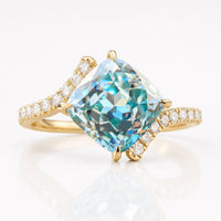 2.26 TCW Cyan Blue Cushion Rensu Cut Bypass Pave Moissanite Engagement Ring