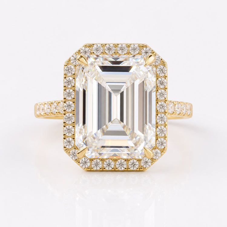 8.69 TCW Emerald Moissanite Halo Pave Set Designer Engagement Ring