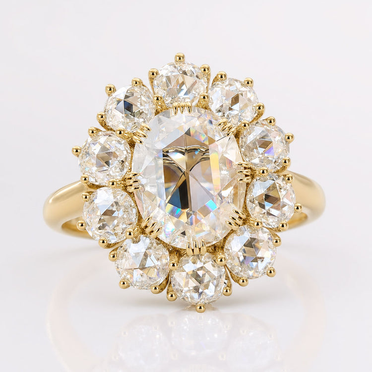 Vintage Style 11.89 DEW Oval Rose Cut with Round Rose Cut Cluster Halo Engagement Ring