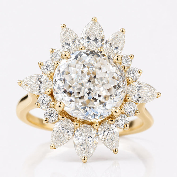 Snow Flake Halo 4.26 TCW Round and Pear Moissanite Engagement Ring