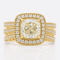 2.53 TW Triple Row Pave Set Light Yellow Cushion Cut Unique Moissanite Engagement Ring