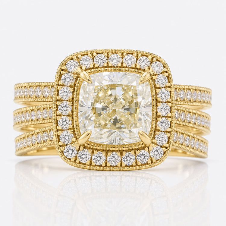 2.53 TW Triple Row Pave Set Light Yellow Cushion Cut Unique Moissanite Engagement Ring