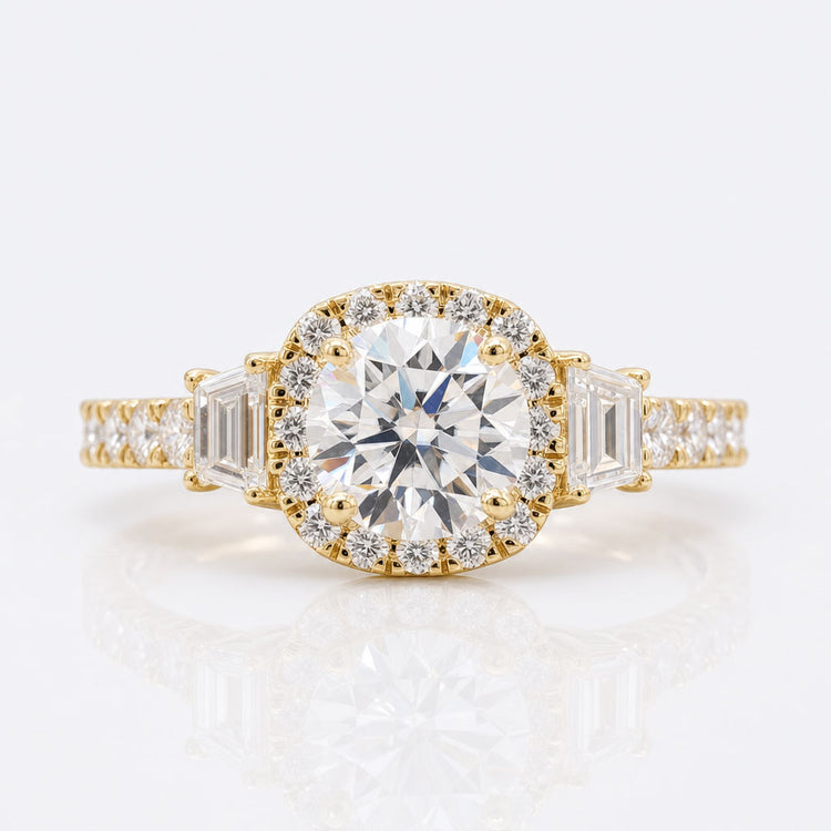 1.76 TCW Round Trapezoid Moissanite Three Stones Engagement Ring