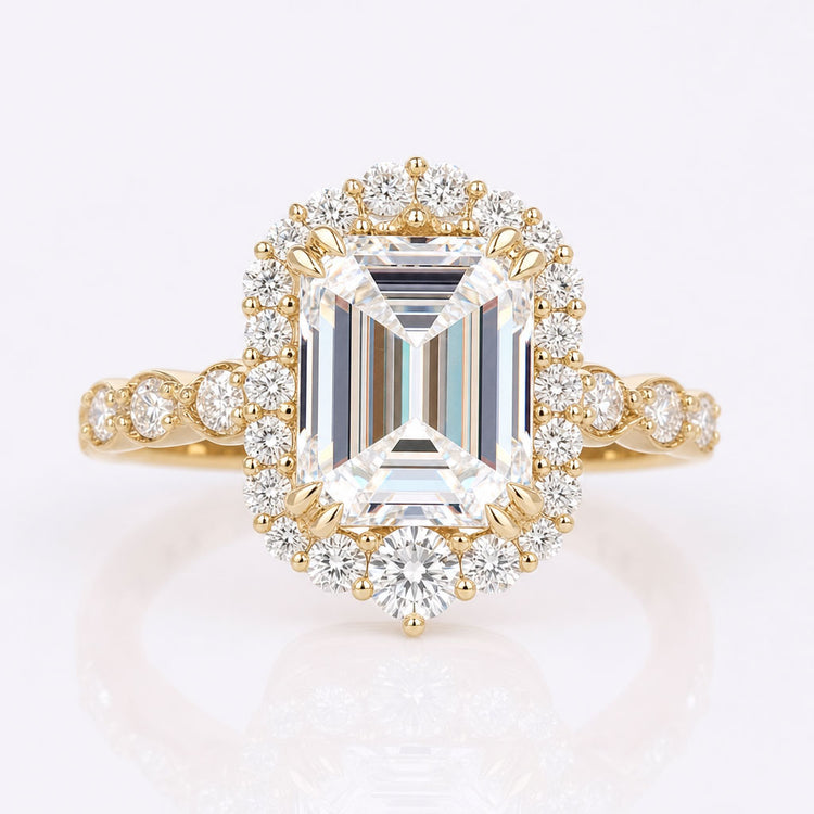 Vintage Inspired 3.94 TCW Emerald Cut Unique Moissanite Engagement Ring
