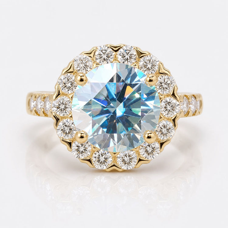 Cathedral Set 2.37 TCW Round Brilliant Cut Cyan Blue Moissanite Halo Engagement Ring