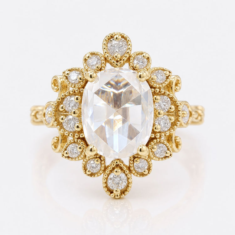 2.26 TW Oval Rose Cut Unique Vintage Style Unique Moissanite Engagement Ring