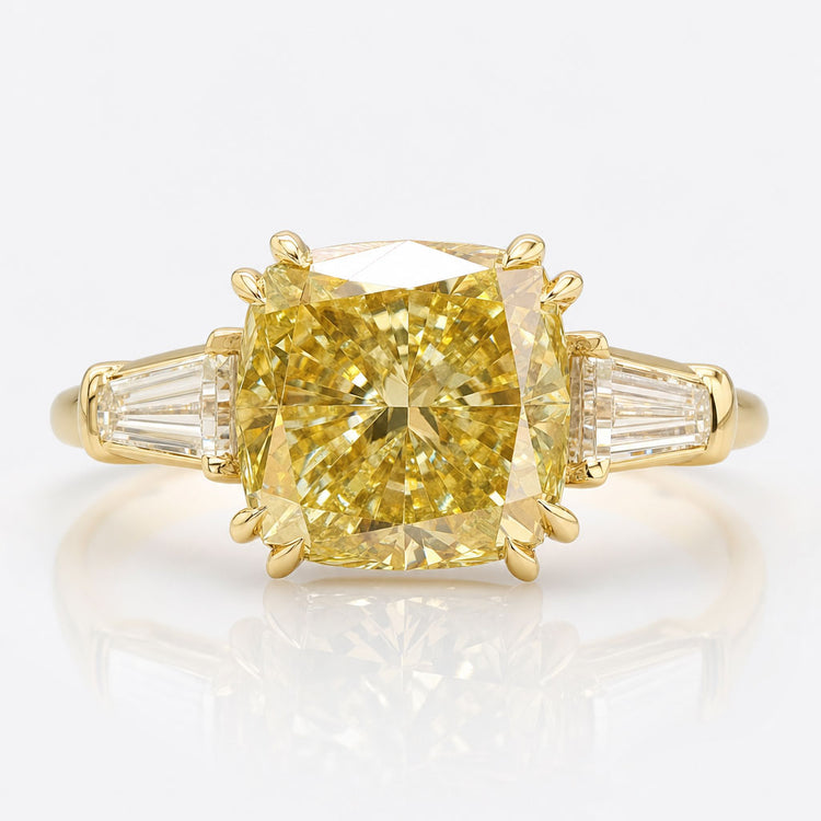 Cushion Cut Canary Yellow Moissanite Three Stone Ring 2.9 CT
