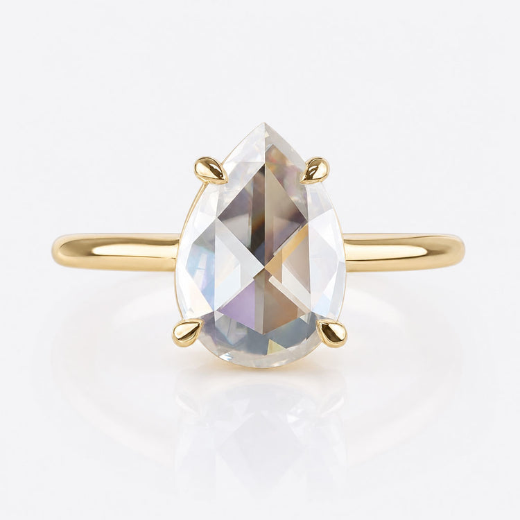 Pear Rose Cut Colourless Moissanite Solitaire Ring 2 CT