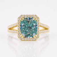 5.46 TW Cyan Blue Cushion Cut Split Shank Affordable Moissanite Halo Engagement Ring
