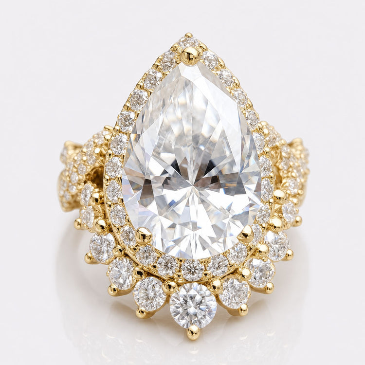 7.36 TW Pear Crushed Ice Moissanite Ring, Crossover Pave Set Unique Moissanite Engagement Ring