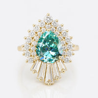 Unique Vintage Moissanite Engagement Ring, Cyan Blue Pear Cut Antique Halo Moissanite Ring