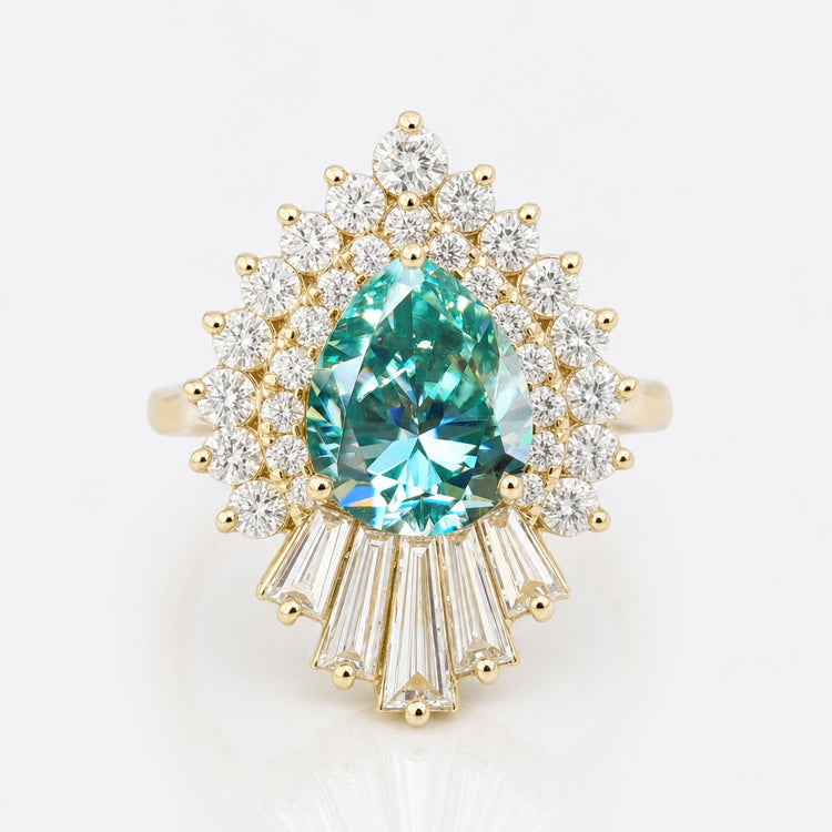 Unique Vintage Moissanite Engagement Ring, Cyan Blue Pear Cut Antique Halo Moissanite Ring